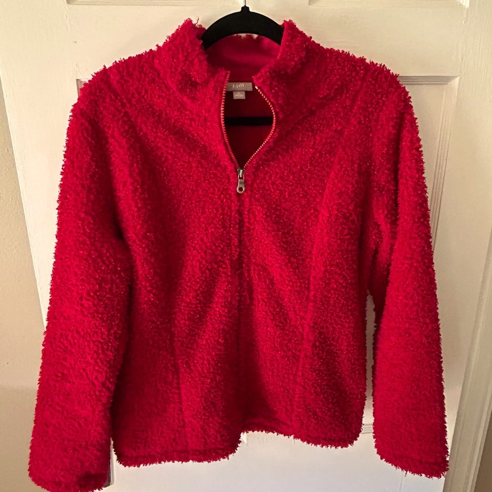 J.Jill Red Soft Fuzzy Full Zip Up Jacket